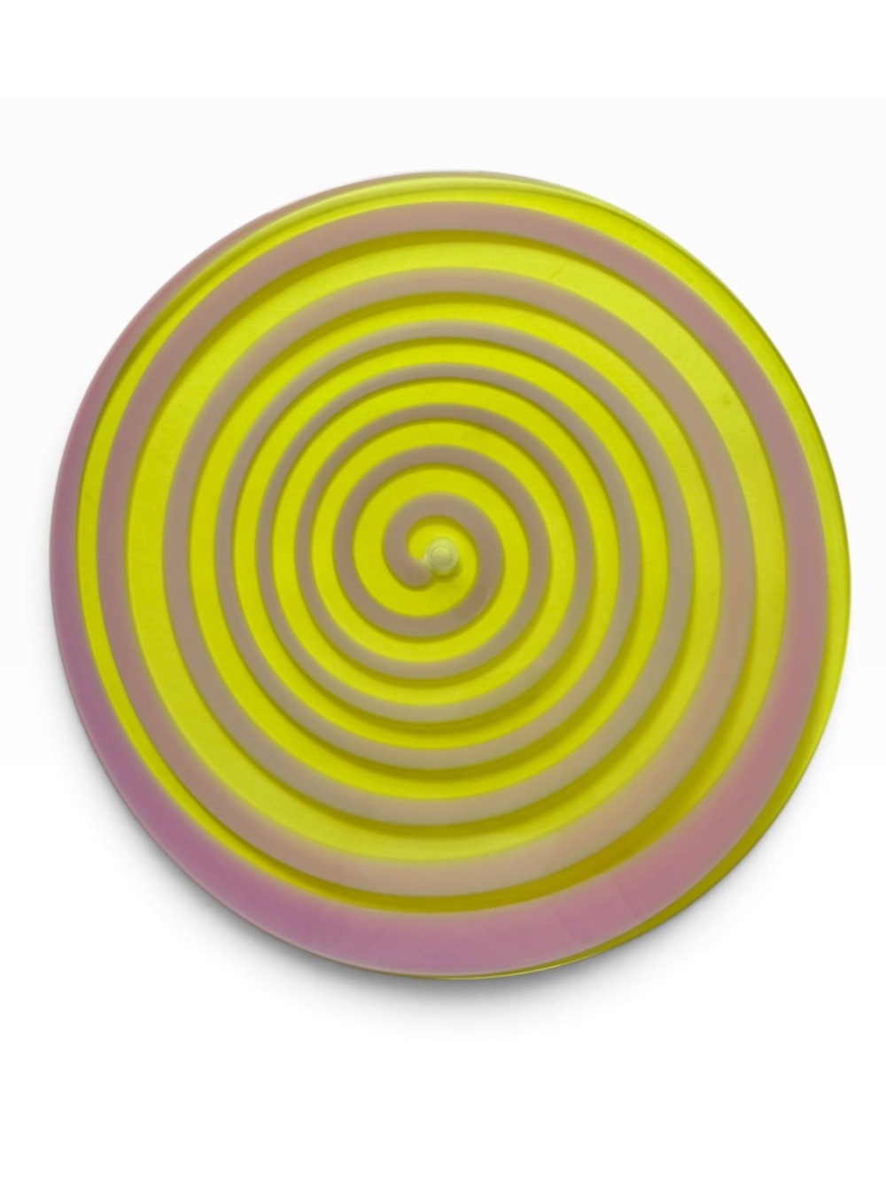 Hand Blown Glass Rondel Disc Art Glass Suncatcher Yellow Pink Spirals 16 3/8”